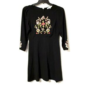 LOFT Petites Womens Dress Black Embroidered  Floral Fit Flare 4P